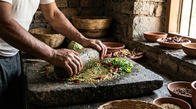 Traditional Grinding of Fresh Spices with Stone Mortar and Pestle in Rustic Kitchen Setting