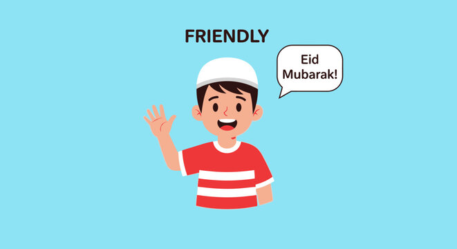 A friendly cartoon boy wearing a white cap and red striped shirt, waving and saying "Eid Mubarak!" on a light blue background.