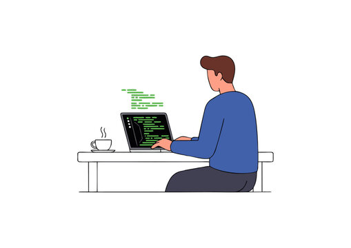 Dedicated software developer immersed in coding on a laptop, illustrating the modern workflow of programming and technological innovation in a digital era