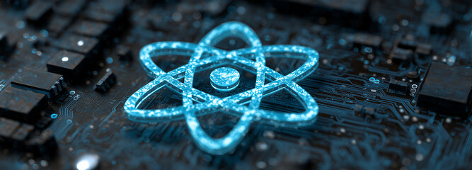 Glowing Atomic Symbol on Advanced Computer Microchip, Representing Quantum Computing, Artificial Intelligence, Scientific Innovation, Future Technology and Digital Energy Concepts