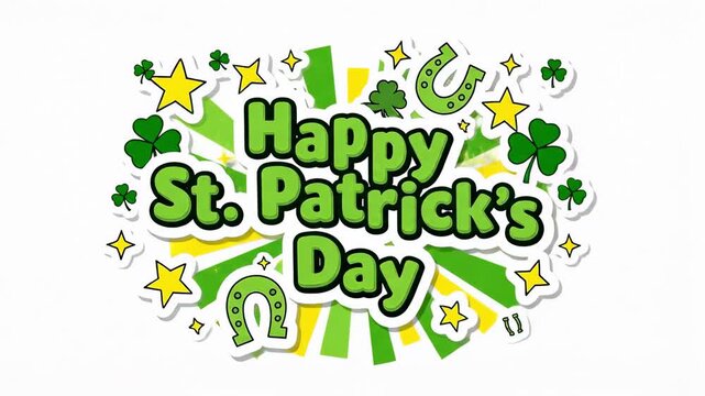 Festive Greeting Design for St. Patrick's Day Featuring Colorful Decorations Such as Lucky Horseshoes, Stars, and Green Typography Celebrating the Holiday Spirit