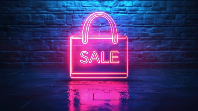 Neon sale sign on brick wall background with reflective surface. Black Friday sale