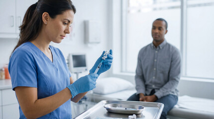 Obraz premium Preparing nurse in blue scrubs drawing vaccine into syringe from vial in exam room, with tray