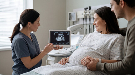 Showing clinician in blue scrubs holding tablet with fetal ultrasound near exam bed, patterned gown