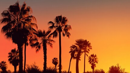 Silhouettes of palm trees against a vibrant orange and pink sunset sky, with a warm, golden glow and a few scattered clouds.