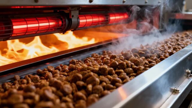 Medium shot of a conveyor belt moving freshly cooked kibble through a gasfired drying tunnel showcasing the intense heat treatment and steam rising from the product.
