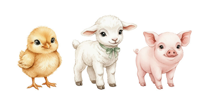 Adorable baby farm animals chick lamb and piglet standing together smiling watercolor illustration isolated on white