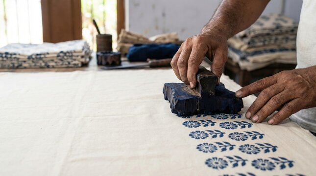 Traditional Block Printing on Cotton Fabric Using Natural Dye and Wooden Stamp in Jaipur