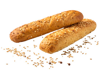 Two delicious golden brown breadsticks generously sprinkled with sesame and flax seeds isolated on transparent background