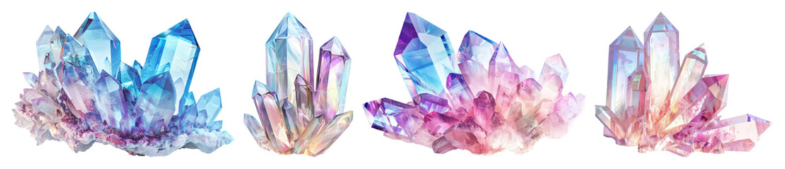 Fototapeta premium PNG Vibrant iridescent crystal formations, element set on transparent background