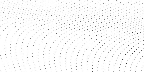 Flowing dots particles wave pattern 3D curve halftone black gradient curve shape isolated on white background.