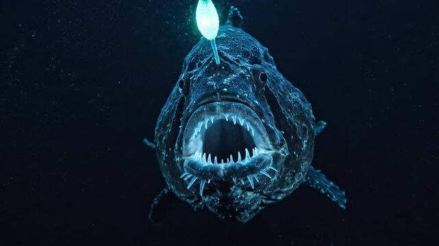 Anglerfish glowing lure in dark deep sea predator with bioluminescent light, open mouth showing sharp teeth underwater close up, solitary nocturnal abyssal hunter illuminating surrounding water