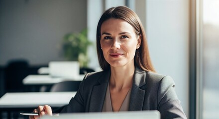 Corporate woman reviewing documents at desk in office