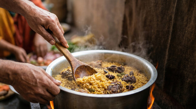 Hands Stirring Traditional Pot of Kabsa with Steam Rising and Rich Flavors for Communal Feast