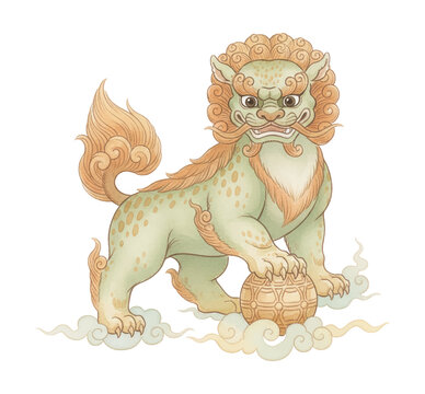 Fierce Traditional Chinese Guardian Lion with green body and orange mane standing on clouds one paw on an ornate ball