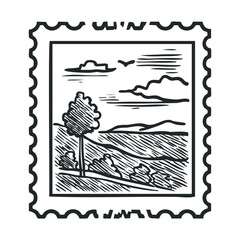 Obraz premium Postage stamp landscape illustration vintage style featuring a picturesque rural scene with a tree, rolling hills, and clouds, rendered in a classic woodcut aesthetic.