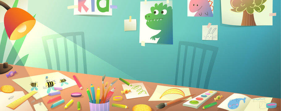 Creative children art classroom desk scene with watercolors crayons and pencil drawings on the table, posters walls. Empty interior for kids art school. Vector background for children art education.