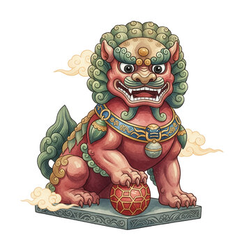 Majestic Red Guardian Lion Foo Dog Watercolor Illustration with Fierce Expression Protecting a Decorative Ball