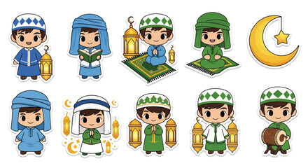 Obraz premium Cute cartoon Muslim boys in various poses and traditional attire, celebrating Islamic culture with prayer mats, lanterns, and a crescent moon.