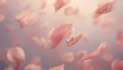 Fototapeta premium Drifting translucent pink petal showing veins in airy close-up with diffuse light, soft bokeh