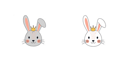 Two cute gray bunny heads wearing gold crowns in different styles on a clean white background for children nursery and animal themed design projects.