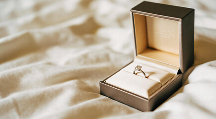 Elegant diamond engagement ring in an open box on soft fabric background. Perfect for themes of love, proposal, or celebration