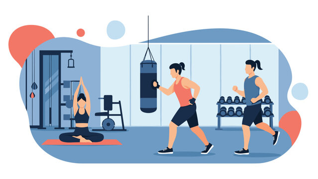 Diverse group of people engaging in various fitness activities at a gym including yoga, boxing with a heavy bag, and running on a treadmill.