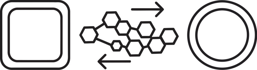 Geometric shapes transformation process with square, hexagons, and circle, illustrating change and flow in modern minimalist style