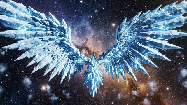 Sweeping cinematic wide shot of colossal crystalline ice wings slowly materializing and hovering over a deep space nebula of vibrant stars deep space nebula, slow movement, starfield