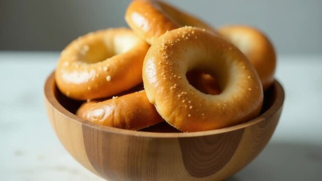 Video A wooden bowl filled with bagels sitting on a table, perfect for breakfast or brunch