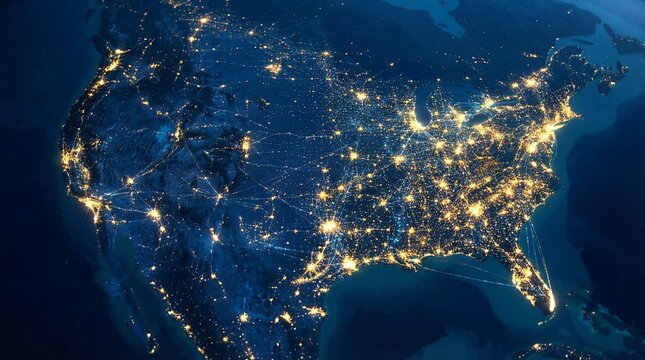 America Nightscape Network With Data Route Lines