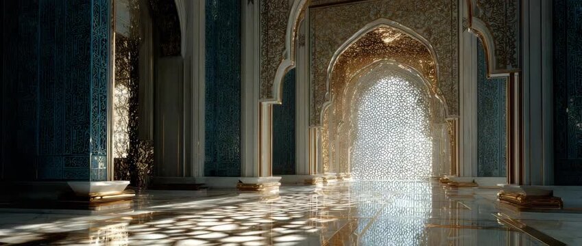 Luxurious golden mosque interior with arched columns, spiritual peace, Islamic architecture