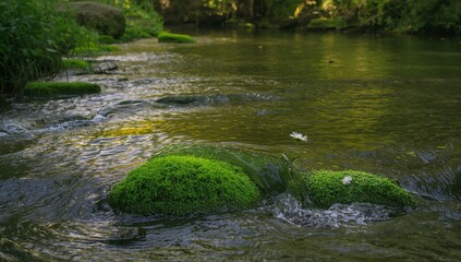 Fototapeta premium Forming gentle ripples, moss-covered rocks disrupting shallow stream at wooded creek, with daisies