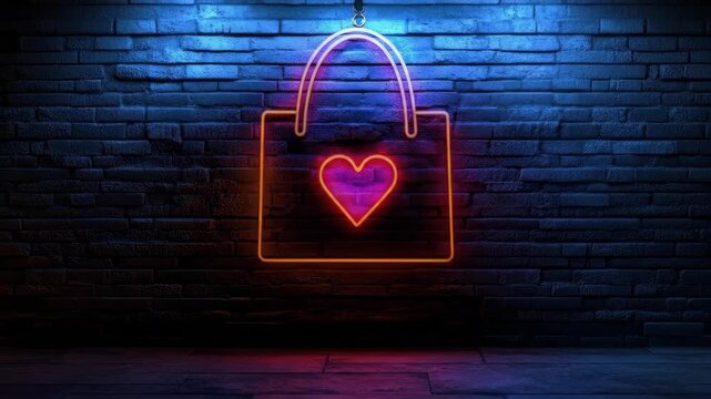 Neon love: illuminated heart-inspired handbag against brick wall. The 14th of February. Happy Valentine's Day