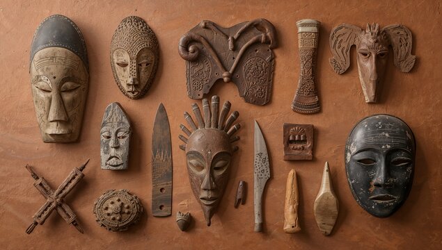 Displaying curated array of carved wooden masks including elephant mask on terracotta wall, patina