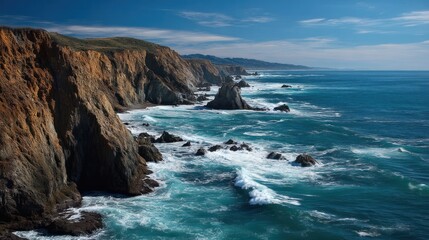 Obraz premium A rugged coastline with cliffs and rocky outcrops, with the ocean crashing against the shore, creating a dynamic and dramatic scene.