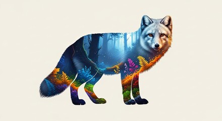 Obraz premium Fox silhouette filled with vibrant forest scene. Wildlife preservation and nature conservation project concept. Earth day event.