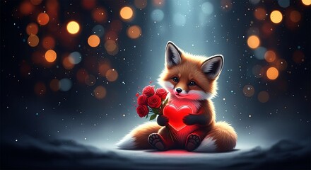 Obraz premium Cute fox character holding red heart and roses. Adorable animal illustration with bokeh for Valentines Day greeting card.