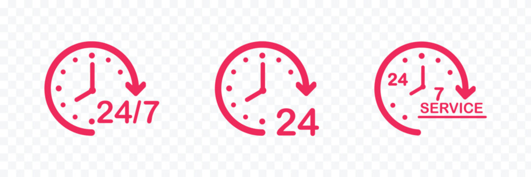 24 hours clock icons set with circular arrows and time symbols for continuous service and round the clock concept vector illustration. Time twenty four icon filled flat sign for mobile concept and web