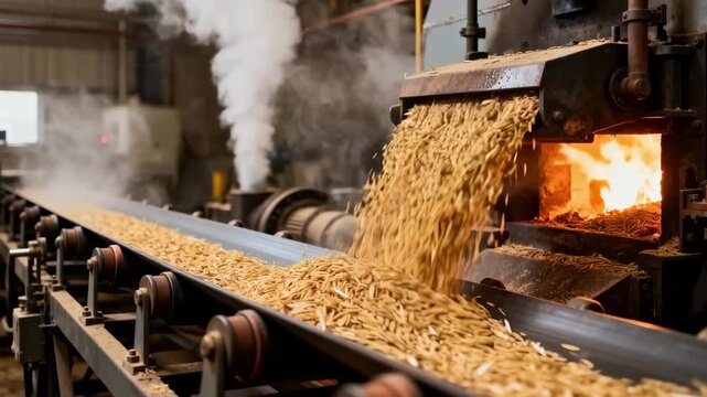 Medium shot capturing the automated stoker system in a huskfired boiler room showing continuous rice husk fuel feed and rising steam.