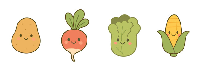 Fototapeta premium Cute Vegetable Cartoon Characters Set in Flat Style