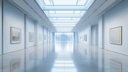 Obraz premium Modern art gallery interior with white walls, reflective floor, and natural light from ceiling skylights.