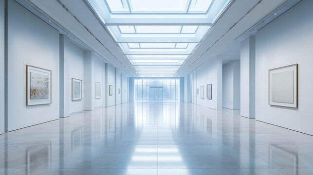 Modern art gallery interior with white walls, reflective floor, and natural light from ceiling skylights.