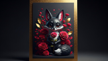 Obraz premium Cute cartoon fox holding a red rose surrounded by floral decorations. Lovely animal illustration perfect for Valentines Day greeting card.