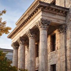 Obraz premium The grand, ornate stone building features intricate columns and a pediment, with a clear blue sky and autumn leaves in the foreground.
