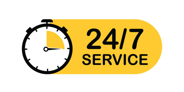 Vector Illustration 24 7 Service Icon. 24-7 open, concept with timer. Banner 24 hours a day open. Vector Illustration 24 7 Service Icon. 24-7 open, concept with timer. Banner 24 hours a day open. 