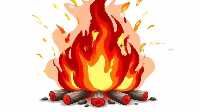 A digital illustration of a campfire made of burning logs, with bright orange and yellow flames and sparks against a white backdrop. The style is reminiscent of pixel art.