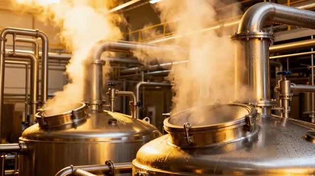 Medium shot of saccharification reactors with steam rising showcasing stainless steel surfaces and intricate piping in an industrial glucose production facility.