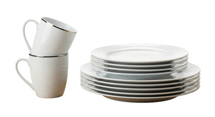 Obraz premium Stack of White Ceramic Plates and Mugs with Silver Trim Isolated