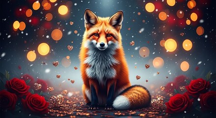 Obraz premium Cute fox in a Valentine's Day scene with red roses and falling hearts. Romantic animal art for loving holiday cards.